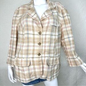 Tommy Hilfiger Tan Metallic Plaid Linen-Blend Blazer w/Back Peplum